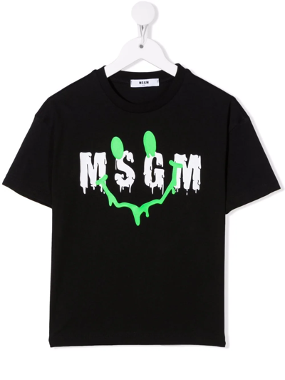 Msgm Kids' Drip-logo Cotton T-shirt In Black