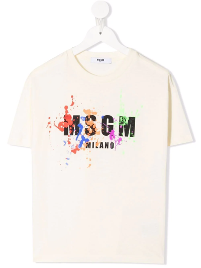 Msgm Kids' Painterly-print Logo T-shirt In Neutrals