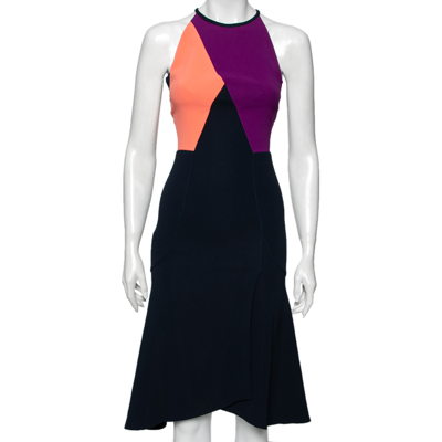 Pre-owned Roland Mouret Colour Block Stretch Crepe Kennard Halter Dress S In Navy Blue
