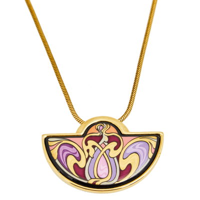Pre-owned Frey Wille Sarah Bernhardt Hommage A Alphonse Mucha Enamel Gold Plated Half-moon Pendant Necklace