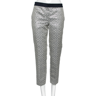Pre-owned S'max Mara 's Max Mara Silver Floral Patterned Brocade Tapered Leg Trousers M