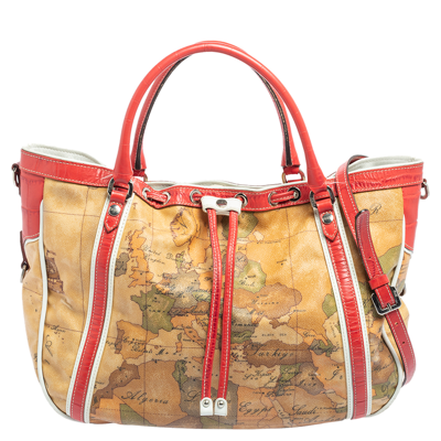 Pre-owned Alviero Martini 1a Classe Tan Geo Print Coated Canvas And Leather Drawstring Shoulder Bag