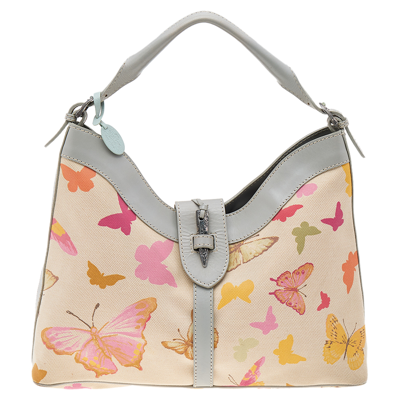 Pre-owned Valentino Garavani Multicolor Butterfly Print Canvas And Leather Hobo