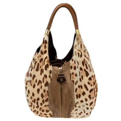 Pre-owned Jimmy Choo Beige/brown Leopard Print Calf Hair And Suede Mandah Expandable Hobo