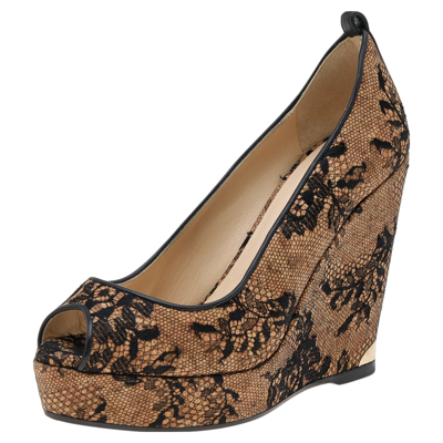 Pre-owned Jimmy Choo Beige/black Lace And Cork Pacific Platform Peep Toe Pumps Size 38