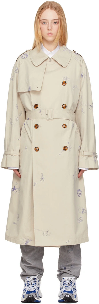 Vetements Scribble-print Double-breasted Cotton Trench Coat In Beige,blue