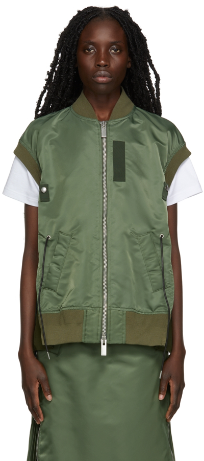 Sacai Khaki Nylon Twill Mix Waistcoat In Green