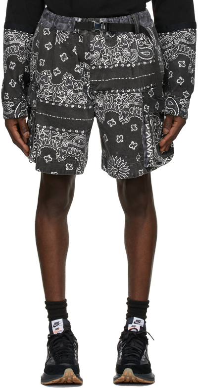 Sacai Bandana-print Belted Bermuda Shorts In Grey