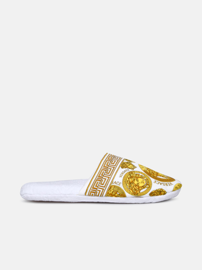 Versace Home Slippers With Medusa And Greca Print In White