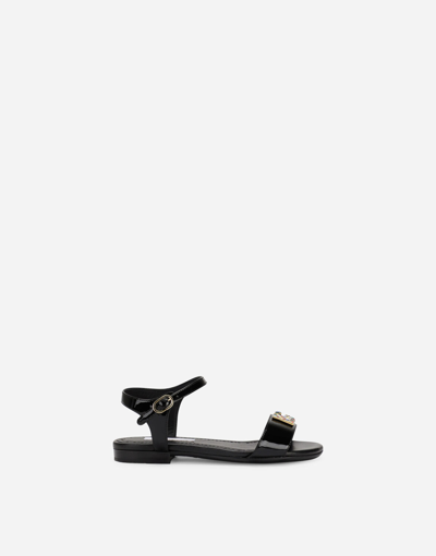 Dolce & Gabbana Kids' Patent Leather Sandals With Dg Logo In Black