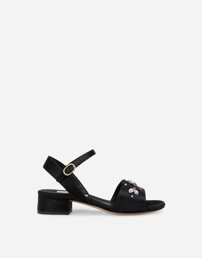 Dolce & Gabbana Kids' Satin Sandals With Multi-colored Crystals In Black