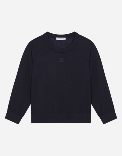 Dolce & Gabbana Kids' Cashmere Round-neck Sweater With Dg Logo Embroidery In Blue