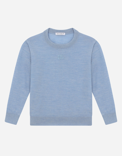 Dolce & Gabbana Kids' Cashmere Round-neck Sweater With Dg Logo Embroidery In Azure