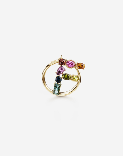Dolce & Gabbana Rainbow Alphabet F Ring In Yellow Gold With Multicolor Fine Gems