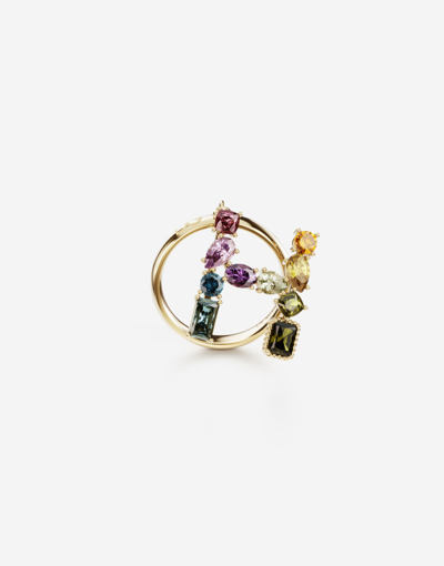Dolce & Gabbana Rainbow Alphabet H Ring In Yellow Gold With Multicolor Fine Gems