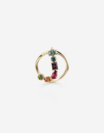 Dolce & Gabbana Rainbow Alphabet J Ring In Yellow Gold With Multicolor Fine Gems