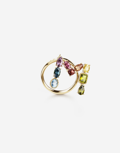 Dolce & Gabbana Rainbow Alphabet M Ring In Yellow Gold With Multicolor Fine Gems