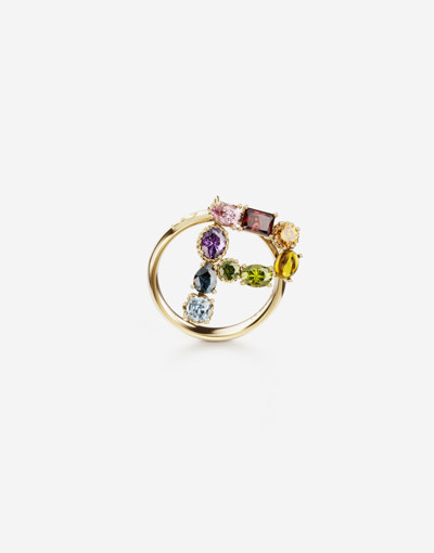Dolce & Gabbana Rainbow Alphabet P Ring In Yellow Gold With Multicolor Fine Gems