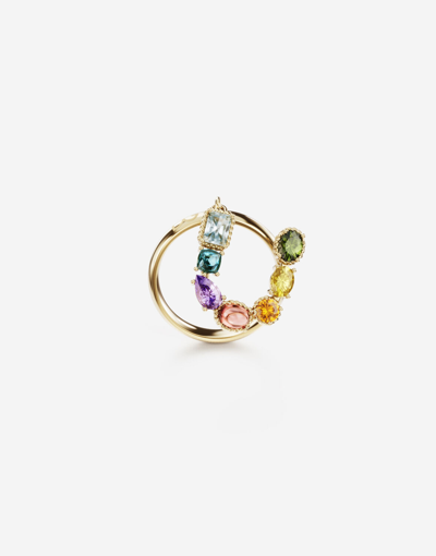 Dolce & Gabbana Rainbow Alphabet U Ring In Yellow Gold With Multicolor Fine Gems