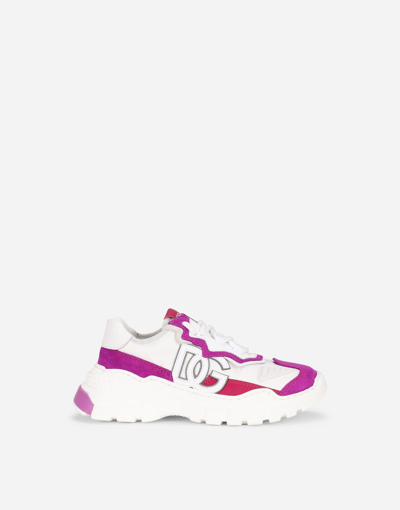 Dolce & Gabbana Kids' Nylon And Leather Daymaster Trainers With Dg Logo In White/fuchsia