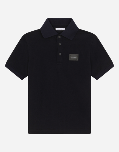 Dolce & Gabbana Kids' Piqué Polo Shirt With Logo Plate In Blue