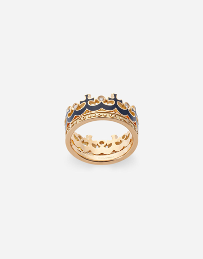 Dolce & Gabbana Crown Yellow Gold Ring With Blue Enamel Crown And Diamonds