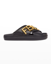 Fendi Logo-embellished Leather Slides In Black