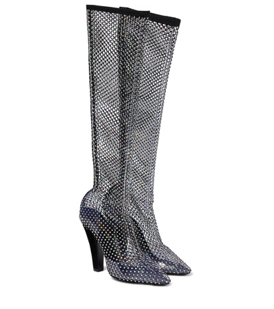Saint Laurent Suede-trimmed Crystal-embellished Fishnet Knee Boots In Nero Crystal Ab/nero