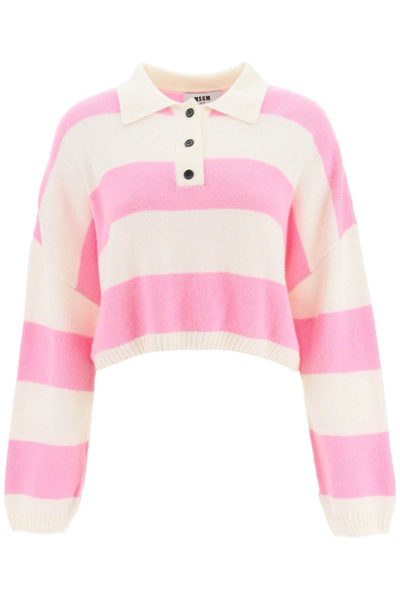 Msgm Striped Boxy Knit Polo In White,pink