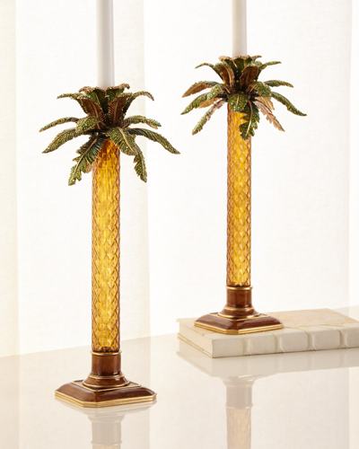 Jay Strongwater Palm Tree Jeweled Glass Candlestick In Multi