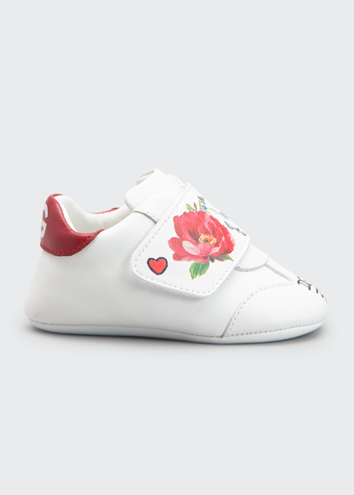Dolce & Gabbana Kids' Girl's Prewalker Logo Rose-print Sneakers, Newborn-9m In Scritte Fdobianco
