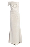 Eliza J Petite One-bow-shoulder Sequin Satin Gown In Beige