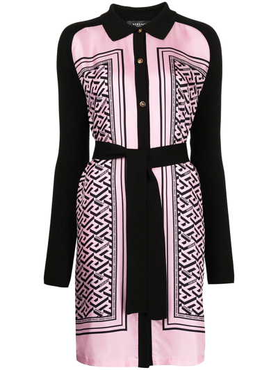 Versace Knit-paneled Logo-print Silk And Cotton-blend Twill Mini Shirt Dress In Baby Pink