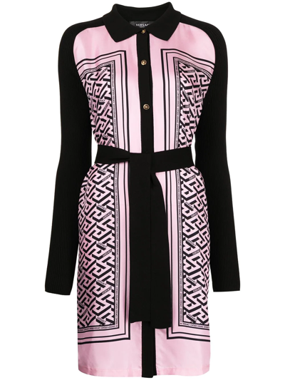 Versace Knit-paneled Logo-print Silk And Cotton-blend Twill Mini Shirt Dress In Black+pink