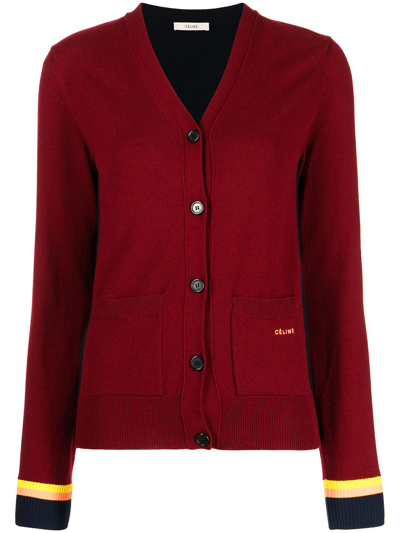 Pre-owned Celine 2000s Striped Cuffs Cashmere Cardigan In Red