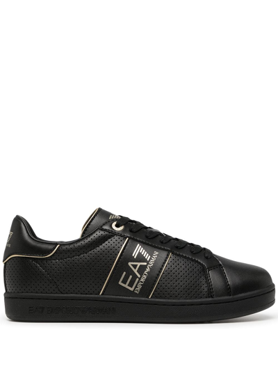 Ea7 Perforated Logo-stripe Low-top Sneakers In Black