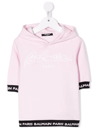 Balmain Kids' Logo织带连帽衫式连衣裙 In Pink