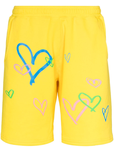 Kids Worldwide Love You Print Cotton Shorts In Yellow