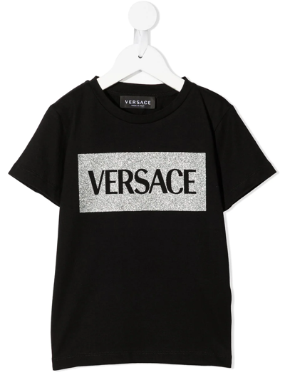 Versace Kids' Glitter Logo-print T-shirt In Black