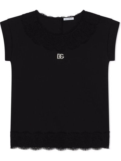Dolce & Gabbana Kids' Lace-trim Logo Plaque T-shirt In Black