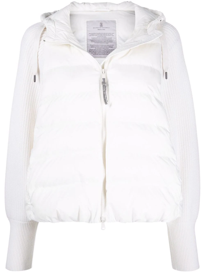 Brunello Cucinelli Knitted-sleeve Hooded Puffer Jacket In White