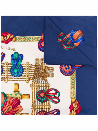 Pre-owned Hermes 1988  Les Rubans Du Cheval Silk Scarf In Blue
