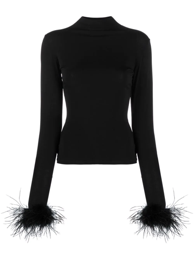 Atu Body Couture Feather-cuff High-neck Top In Black