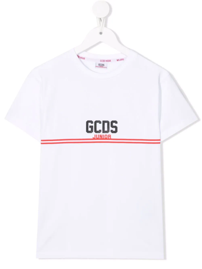 Gcds Teen Logo-stripe Print T-shirt In White