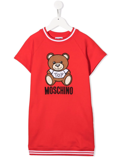 Moschino Kids' Teddy-print Shortsleeved Sweatshirt Dress In Red