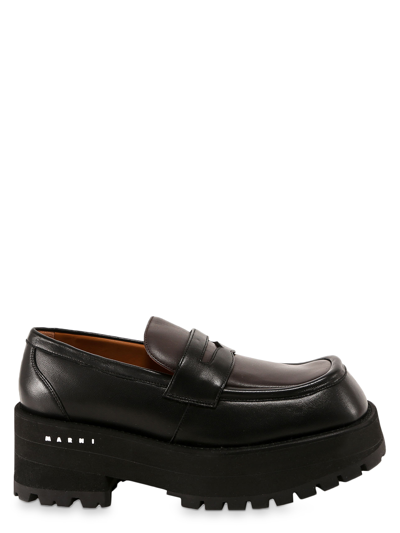 Marni Leather Platform Loafers In Nero