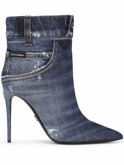 Dolce & Gabbana Patchwork Denim Ankle Boots In Blue