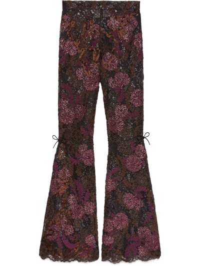 Gucci Floral-lace And Leather Flared Trousers In Brown And Bordeaux