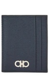 Ferragamo Revival Gancio Leather Card Case In Deep Ocean Nero