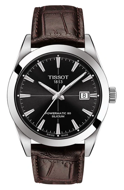 Tissot Gentleman Powermatic Leather Strap Watch, 40mm In Brown/ Silver/ Black